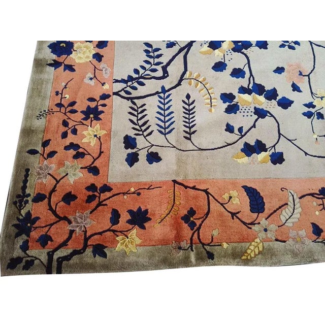 1920s Ivory Floral Traditional Antique Chinese Art Deco Rug 9'0" X 11'8" Knotted Wool Carpet For Sale - Image 4 of 9