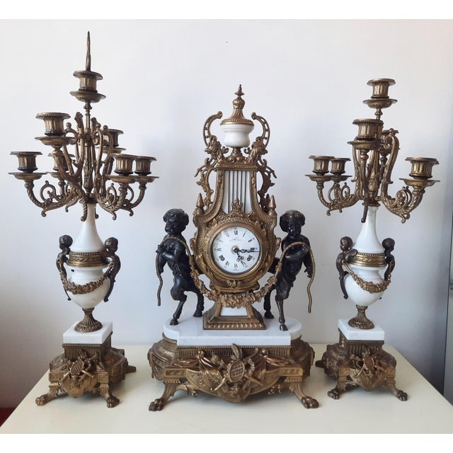 Lancini Clock with Louis XVI Style Candlesticks, 1940s, Set of 3 For Sale - Image 9 of 18
