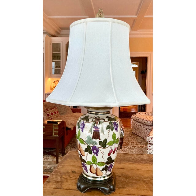 Traditional Pair of 1980s M. Kasima Signed Porcelain Lamps With Botanical and Tassel Design For Sale - Image 3 of 12