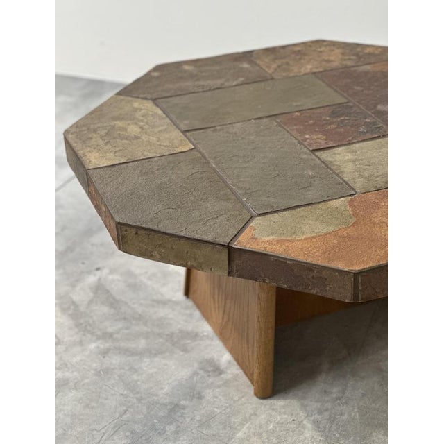 Large Vintage Brutalist Slate Mosaic Coffee Table with Oak Pedestal Base For Sale - Image 4 of 16