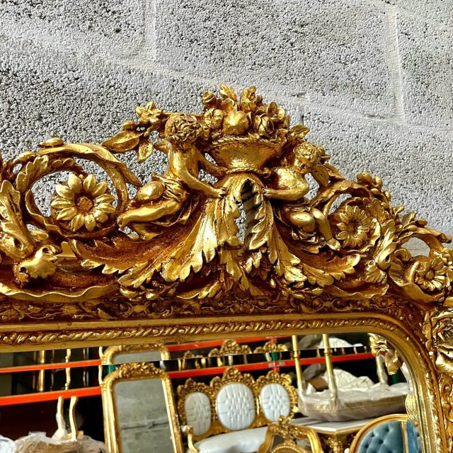 Ornate French Baroque Floor Mirror With Hand-Gilded Gold Leaf Frame & Cherub Details For Sale - Image 4 of 9