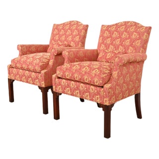 Hickory Chair Chippendale Carved Mahogany Upholstered Lounge Chairs, Pair For Sale