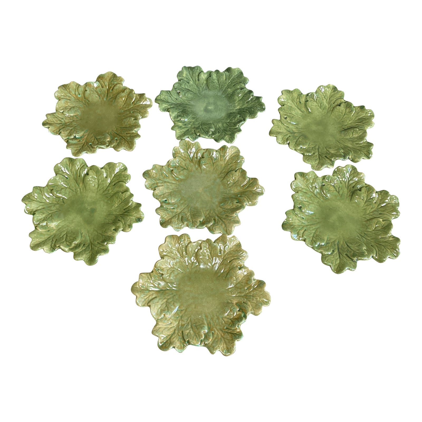 Vintage Handmade Majolica Green Leaf Salad Plates, Set of 7 Chairish