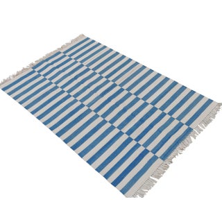 Handmade Cotton Striped Rug, Sky Blue And White 8'x10' For Sale