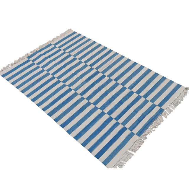 Handmade Cotton Striped Rug, Sky Blue And White 8'x10' For Sale