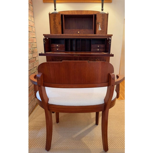 Wood Antique Tennenbaum Flame Mahogany Secretary Desk with Leather Fall Front and Custom Bouclé Chair For Sale - Image 7 of 18