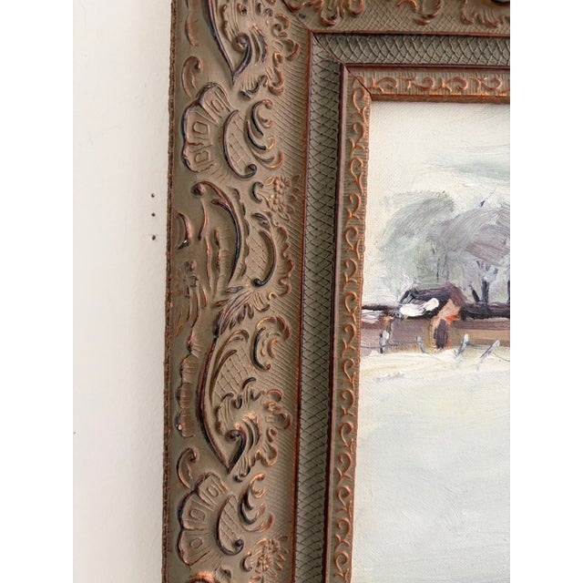 Vintage Original Oil Painting on Board – Snowy Farm and Barn Winter Landscape – Ornate Frame For Sale In Orlando - Image 6 of 17