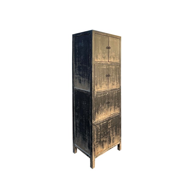 Abstract Distressed Black Tan Marks Tall Slim 4 Shelves Closed Doors Storage Cabinet For Sale - Image 3 of 5