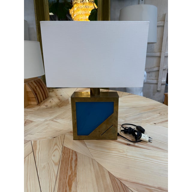 Brass Table Lamp With Blue Panel Base and Rectangular Linen Shade For Sale In Los Angeles - Image 6 of 7