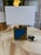 Brass Table Lamp With Blue Panel Base and Rectangular Linen Shade For Sale In Los Angeles - Image 6 of 7