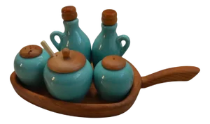 Vintage Cruet Set in Wood and Ceramic, 1960s, Set of 7