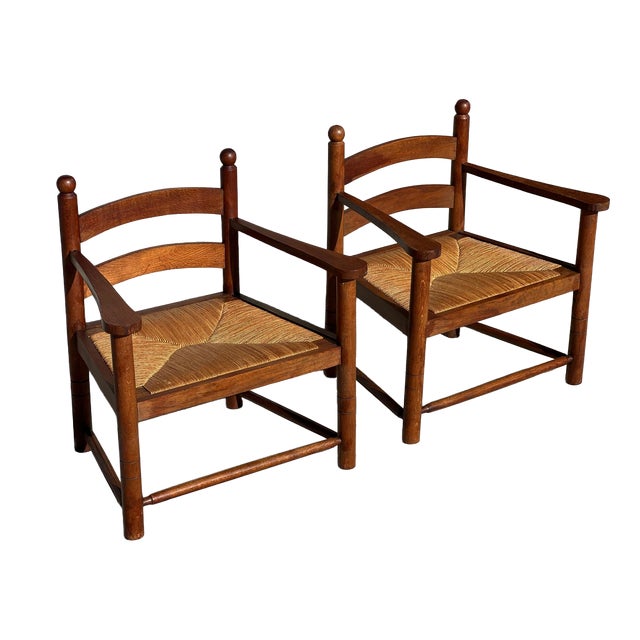 French Wooden and Straw Armchairs, 1960, Set of 2 For Sale