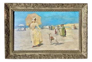 Deauville Beach, Oil on Panel, Framed