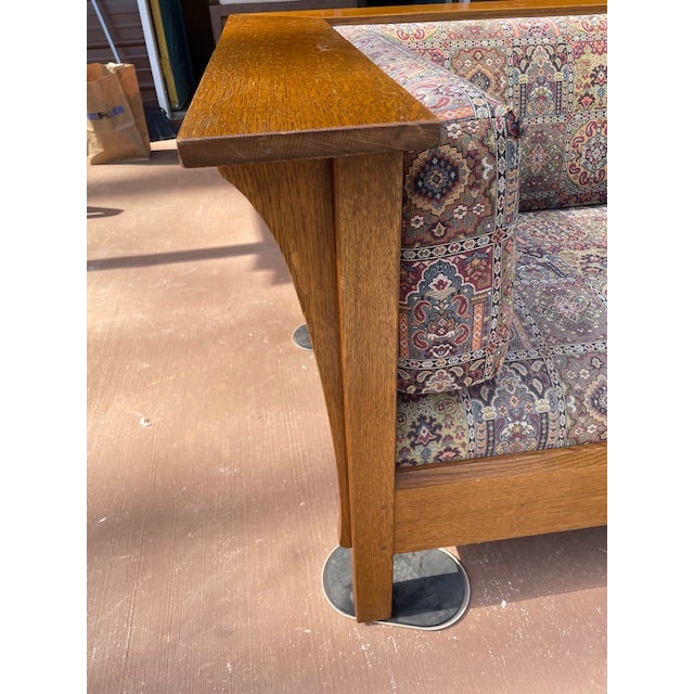 Great Stickley couch, I believe it is oak. Very solid/sturdy & well constructed. The geometric fabric is a heavy...