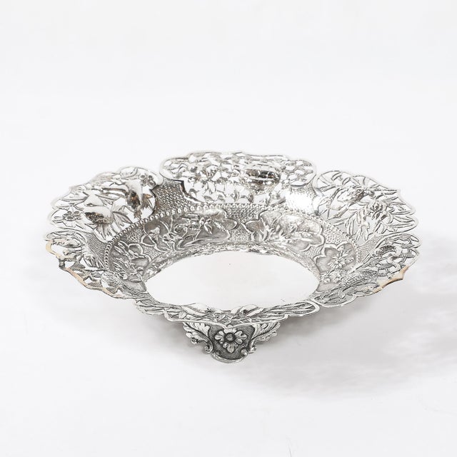 Traditional Aesthetic Movement Sterling Repouse Flora & Fauna Dish Signed Pau Kuang For Sale - Image 3 of 15