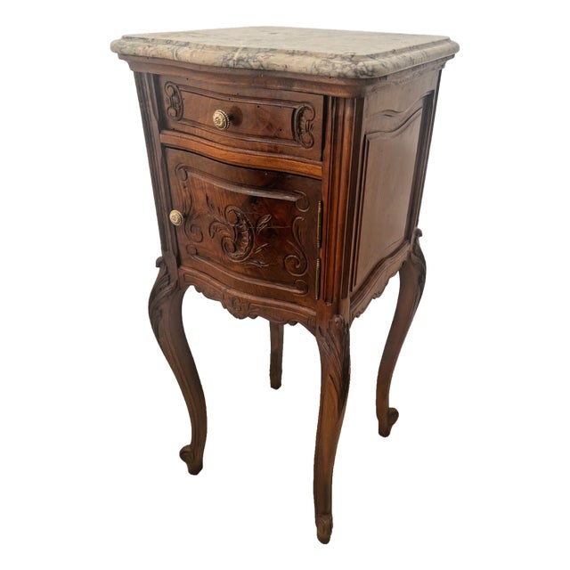 Antique French Nightstand Marble Top Commode Cabinet, Drawer, Carved Walnut For Sale