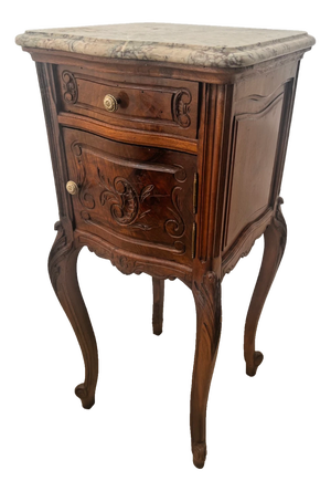 Antique French Nightstand Marble Top Commode Cabinet, Drawer, Carved Walnut