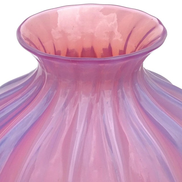 Barovier & Toso Murano Barovier Toso Vintage Pink Opalescent Italian Art Glass Paneled Surface Decorative Flower Vase For Sale - Image 4 of 10