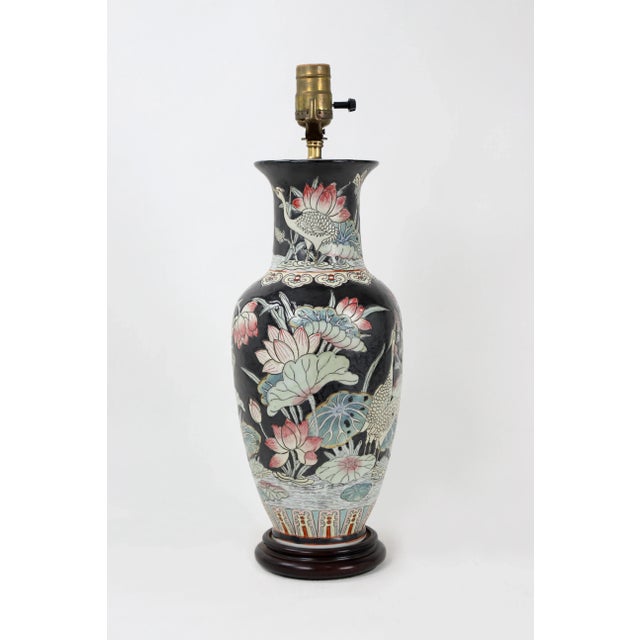 1970s 1970s Famille Rose Vase Lamp Featuring Cranes With Foliage & Fauna For Sale - Image 5 of 9