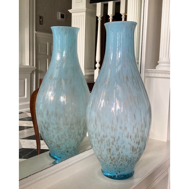 Murano 1970s Italian Murano-Style Handblown Blue Art Glass Vase With Gold and Silver Flecks, 21" For Sale - Image 4 of 18