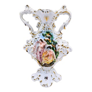 Mid-Century Italian Capodimonte Figural Porcelain Urn Vase With Gold Gilt For Sale