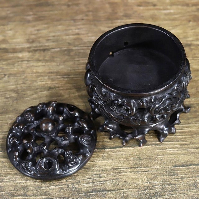 Mid 20th Century Vintage Chinese Ebony Wood Incense Burner | Carved Ruyi Lingzhi Censer With Stand For Sale - Image 5 of 9
