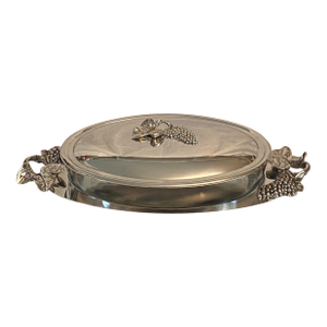 Godinger Silverplate Serving Dish With Glass Inset and Silverplate Lid With Cast Grapes and Leaves