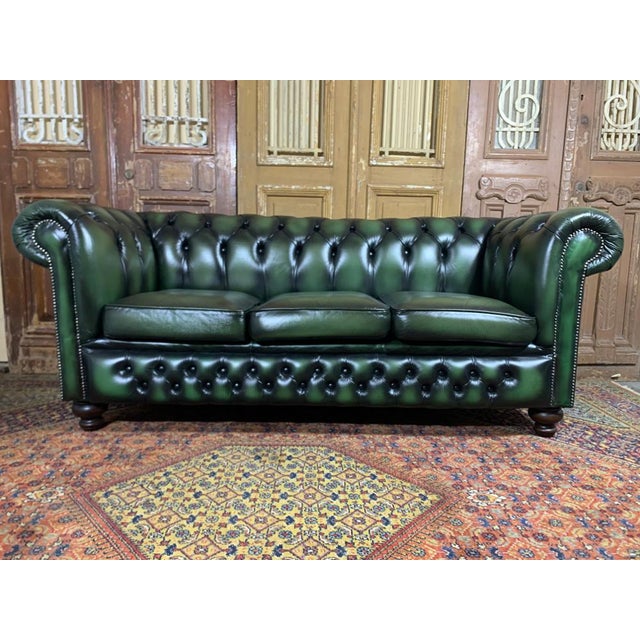 Vintage Mid Century Green English Leather Chesterfield 3 Seat Sofa