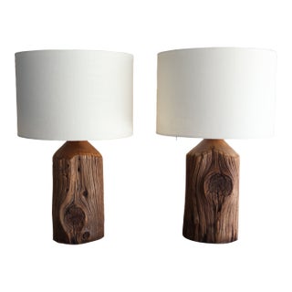 Pair of Californian Studio Craft Cedar Wood Lamps, 1970s For Sale