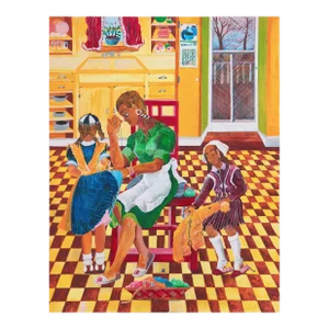 'Mending' by Ruth McCrane, 1989, African American Woman Folk Artist, Houston, Dallas, Blues Museum Oil