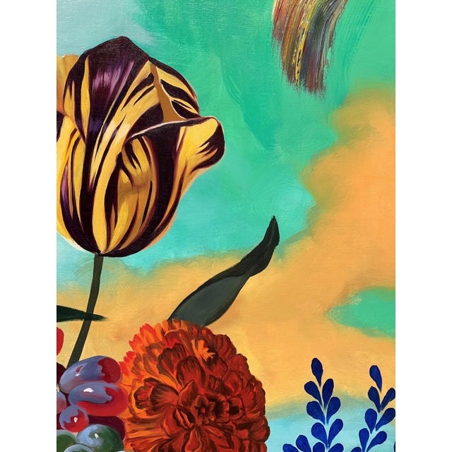 Flowers Turning in the Sky by Robin Hextrum | Oil on Panel Floral arrangement against a colorful background For Sale - Image 4 of 4