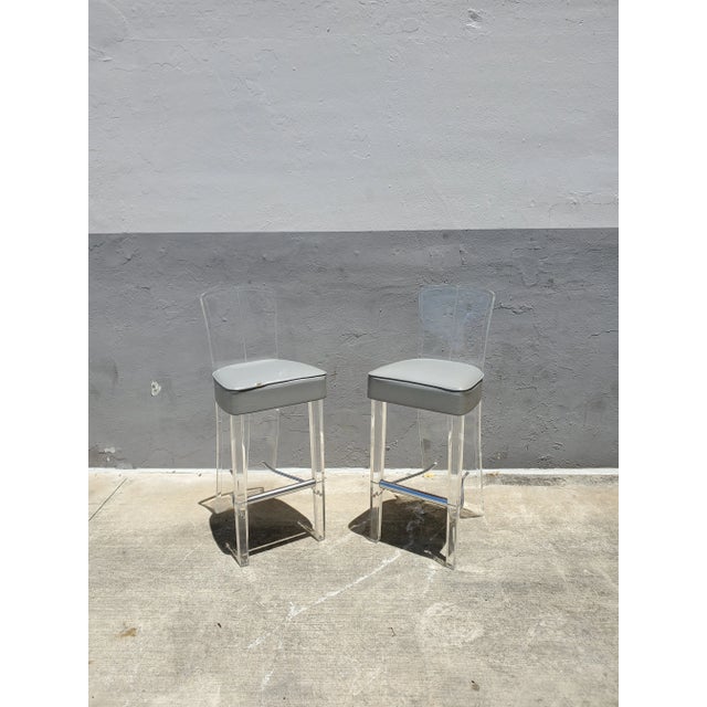 Vintage Lucite & Chrome Barstools - a Pair For Sale - Image 9 of 9