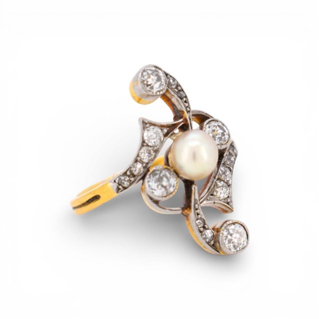 Art Nouveau Antique 1910 Art Nouveau Pearl Ring - 18k Gold / Platinum, Size 7 For Sale - Image 3 of 7
