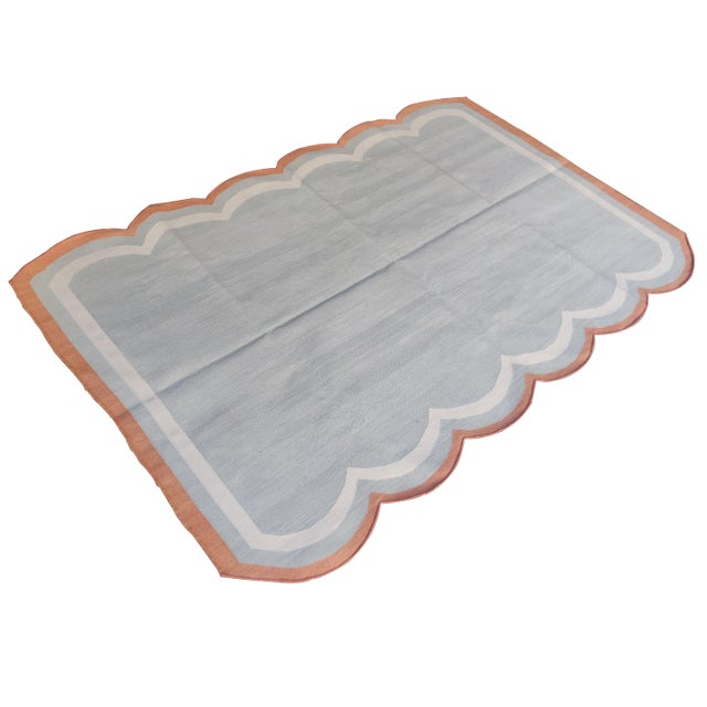Handmade Cotton Scalloped Rug, Grey with Cream and Terra Cotta Trim 6'x9' For Sale - Image 6 of 6