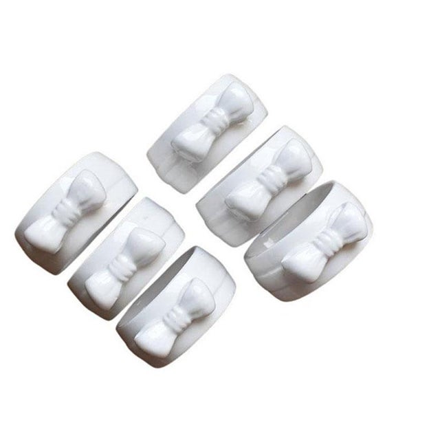 White Ceramic Bow Motif Napkin Rings - Set of 6 For Sale - Image 4 of 5