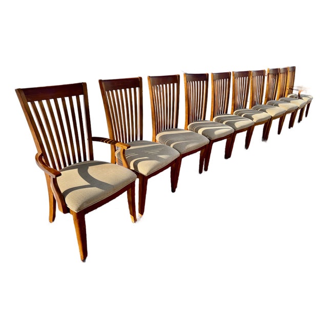 Set 10 Dining Chairs Mission Shaker Amish Style Cherry Wood Slat Backs 2 Arms 8 Sides. For Sale
