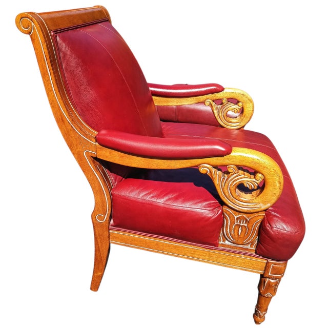 Ruby Red Empire and William IV Periods Inspired Vintage Red Leather Armchair & Ottoman For Sale - Image 8 of 12