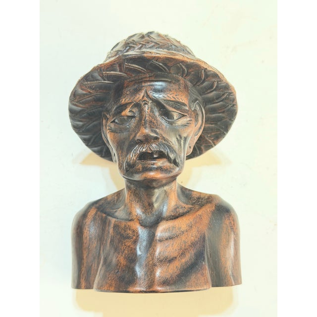 Brown Mid-Century Balinese Hand-Carved Wood Elderly Farmer Couple Busts, Pair For Sale - Image 8 of 12