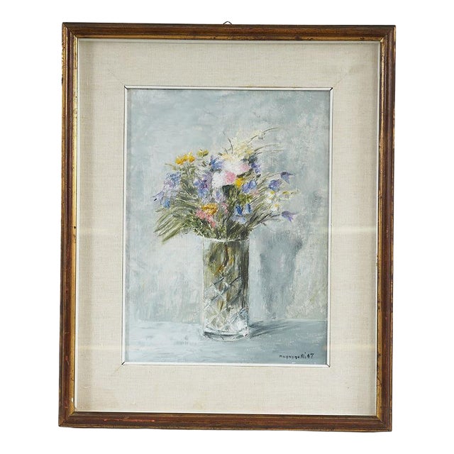Oil Painting by Magagnotti, Flower Vase, 1967, Framed For Sale