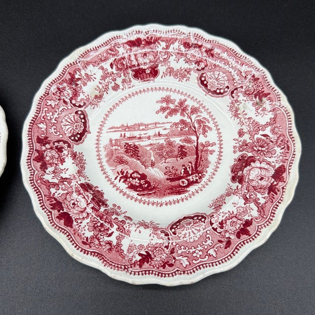 Farmhouse A Rare Pair of Antique Red Transferware Plates, “New York, Us”, Circa 1830’s For Sale - Image 3 of 12
