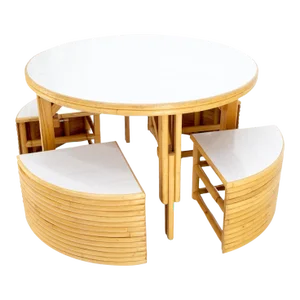 Hi-Lo Convertible Reed Coffee Dinette Game Table w/ Nesting Benches Stools Chair - 5 Pieces