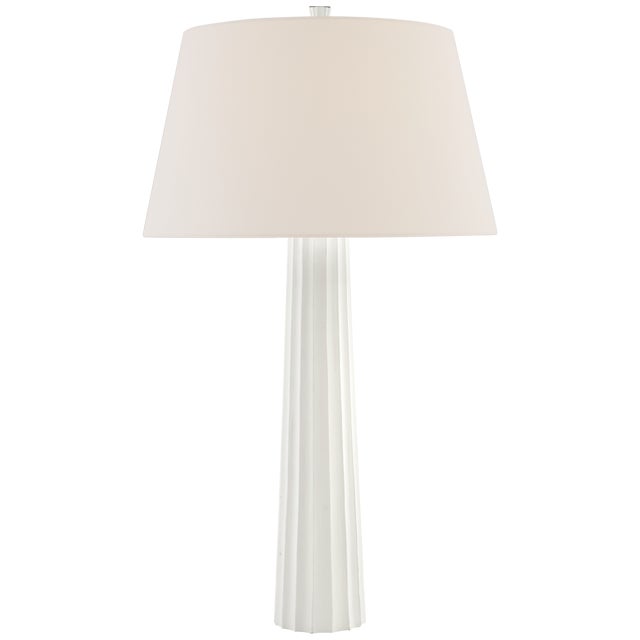 Traditional Chapman & Myers by Visual Comfort Signature Fluted Spire Large Cordless Table Lamp in Plaster White with Linen Shade For Sale - Image 3 of 3