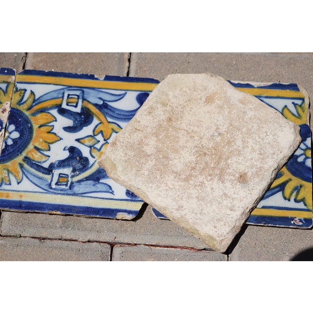 17th Century Portuguese Floral Border Tiles Set of 10 Blue, Yellow & White Antique For Sale - Image 12 of 12