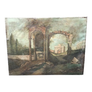 1940s Italian "Cane Da Caccia Tra Le Rovine" Landscape Painting on Canvas 4' For Sale