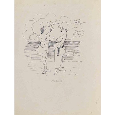 Mino Maccari, At the Beach, 1960s, China Ink on Paper For Sale