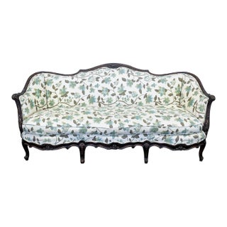 Charming Vintage 3-Seat Sofa With Floral Upholstery and Carved Wood Frame For Sale