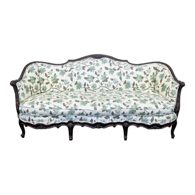 Charming Vintage 3-Seat Sofa With Floral Upholstery and Carved Wood Frame For Sale
