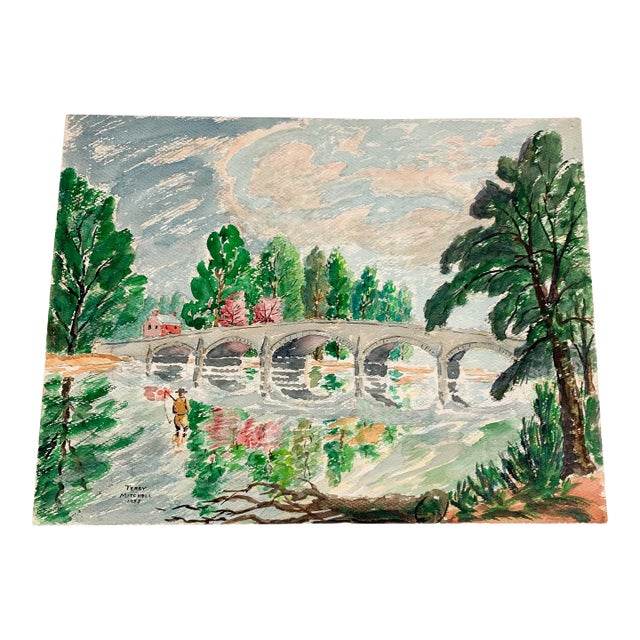 Mid 20th Century Vintage Signed Original Watercolor Fly Fishing Lake Trees Landscape Bridge Art For Sale