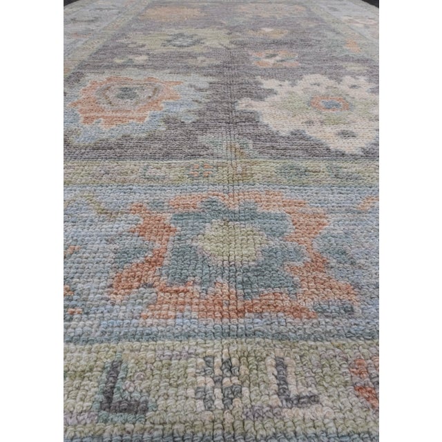 Modern Turkish Oushak Rug Charcoal, Soft Blue & Sage Hand Knotted Wool Rug 4'1" X 6'3" For Sale - Image 3 of 9