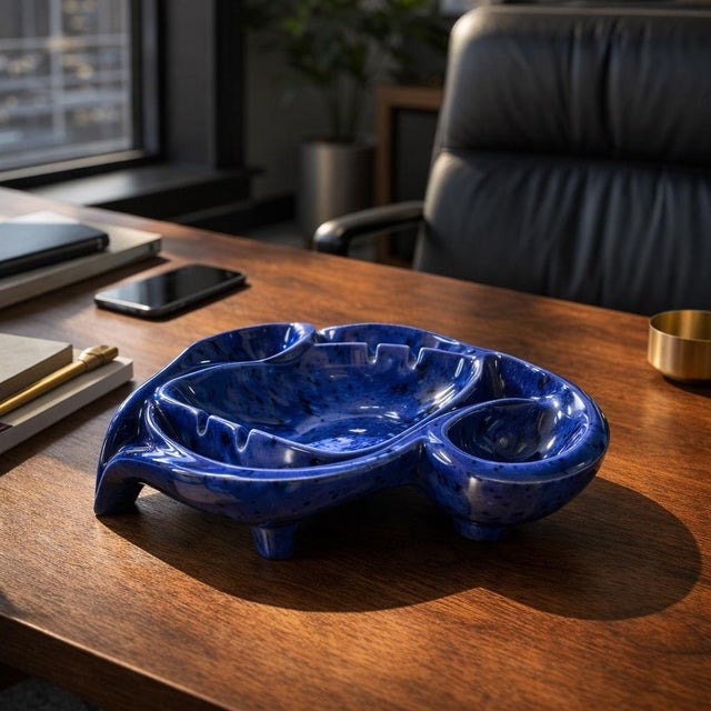 Mid 20th Century Vintage Studio Art Pottery Cobalt Blue Sculptural Ceramic Ashtray / Catchall Dish, Signed Erm For Sale - Image 5 of 9